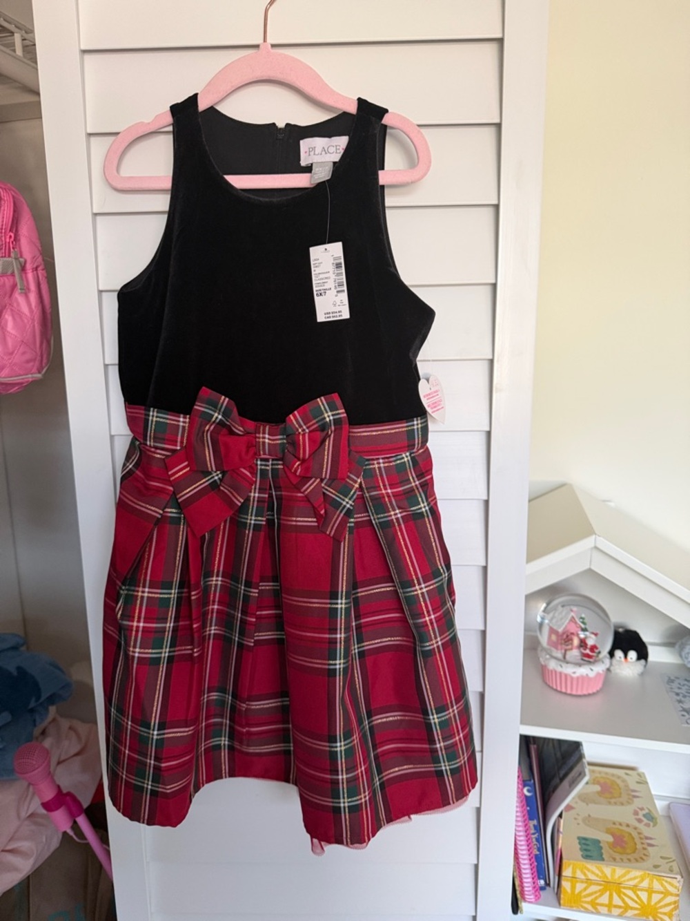 The Children's Place Black Velvet Top Red Tartan Bow Dress